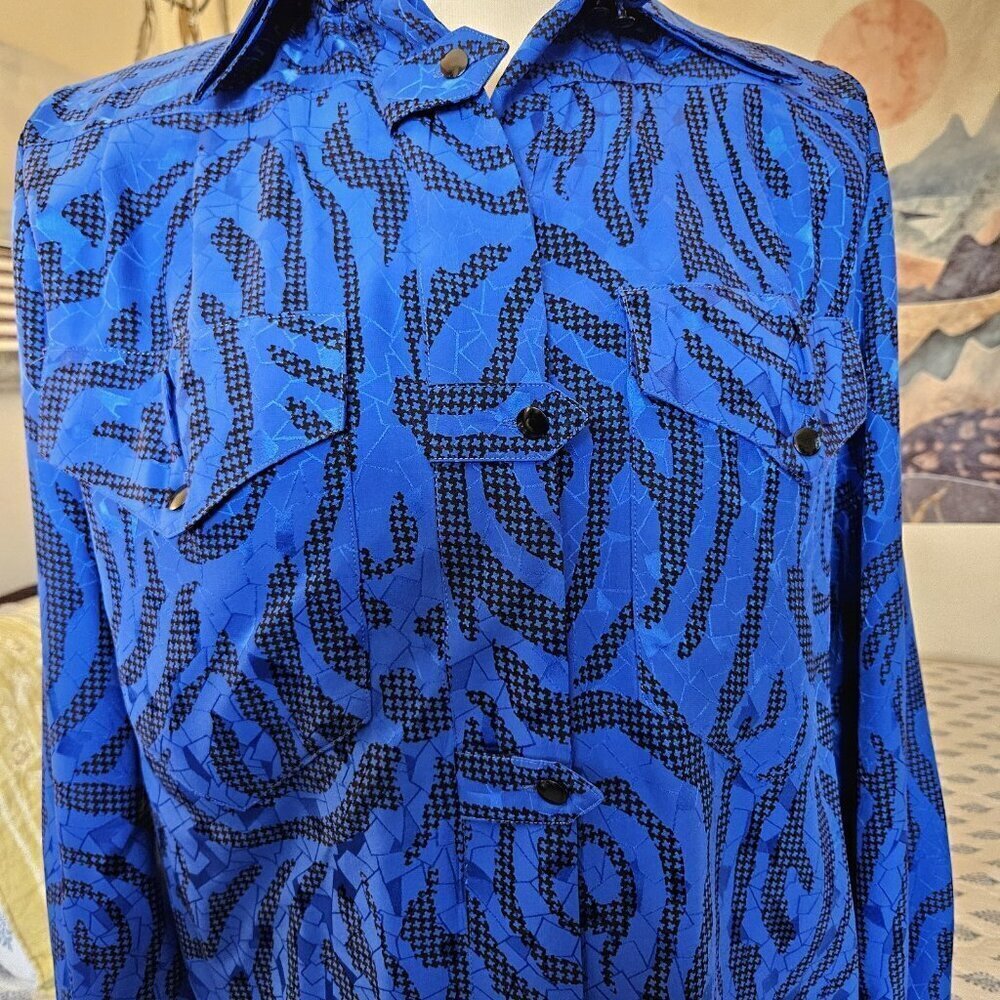 Vintage Francesca of Damon Silk Blouse 6 Blue Animal Print Neiman Marcus - Picture 10 of 13